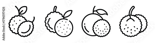 Line art icons of lychee fruit with leaves and slices for healthy eating themes