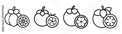 Four simple line art mangosteen fruit icons showing whole and halved fruits