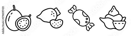 Hand drawn mamoncillo fruit candy and dessert icons for tropical treats and desserts