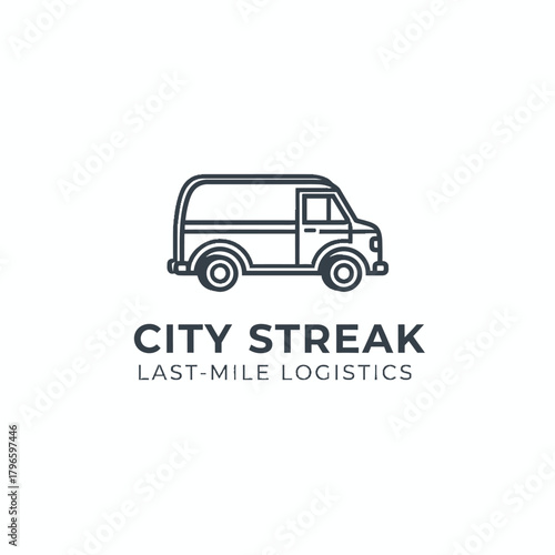 A monochrome illustration of a cargo van, with typography below describing "last-mile logistics.