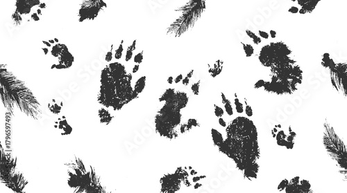 Black animal paw prints and feather textures on white background track footprint