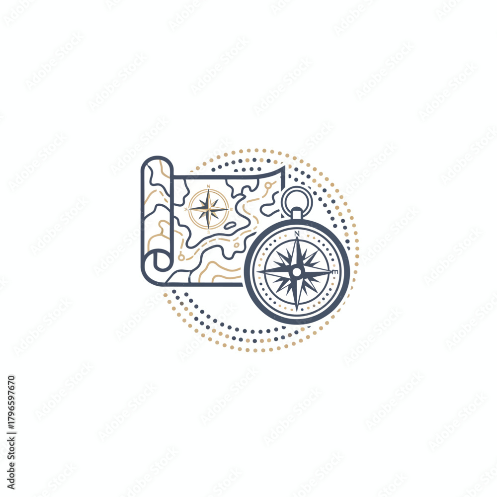 Naklejka premium A map and compass illustration, featuring nautical elements and a detailed topographic map design