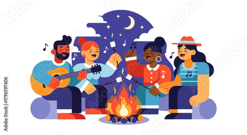 Group Of Friends Enjoying Themselves At a Night Campfire Singing And Roasting Marshmallows