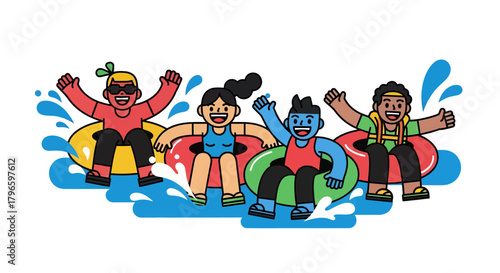 Group Of Friends Enjoying Themselves Floating On Water Tubes Having Fun Together