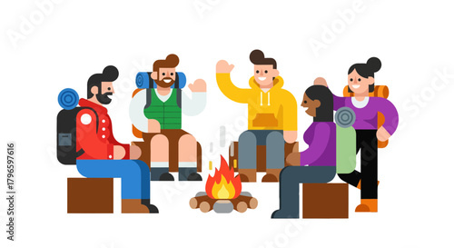 Group Of Friends Enjoying Themselves By A Campfire At Night With Backpacks