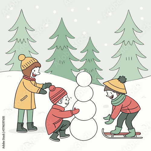 Children happily building a snowman together in a snowy forest