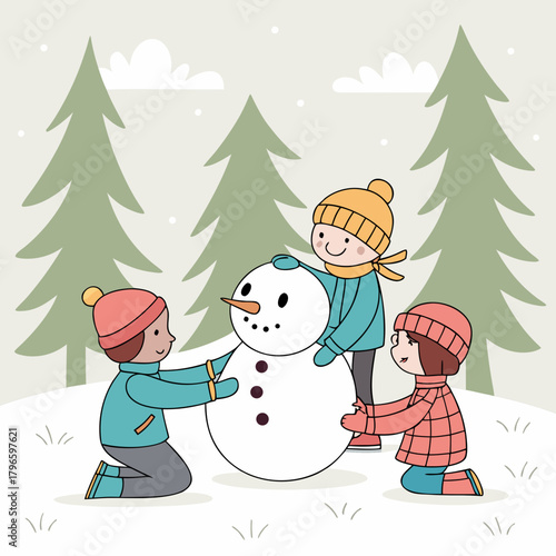 Children happily building a snowman together in a winter forest scene