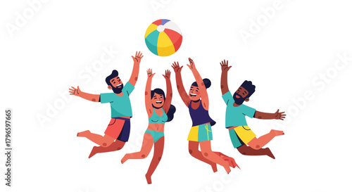 Group Of Friends Enjoying Themselves Playing Beach Volleyball During Summer Vacation