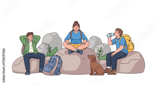 Group Of Friends Enjoying Themselves On Adventure Hike Resting On Rocks Outdoors