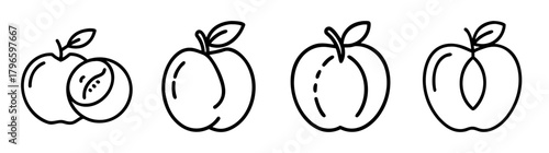 Collection of simplified line art nectarines and peaches showing whole and halved fruits