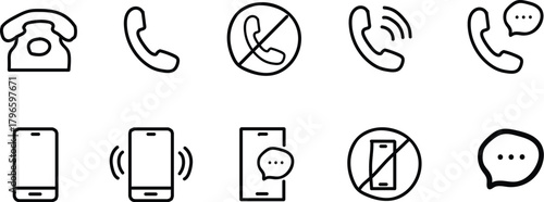 Hand drawingPhone icon set. Contact us symbol. Telephone call sign. Cell phone, ringing phone pictogram isolated on white background. Vector illustration. 