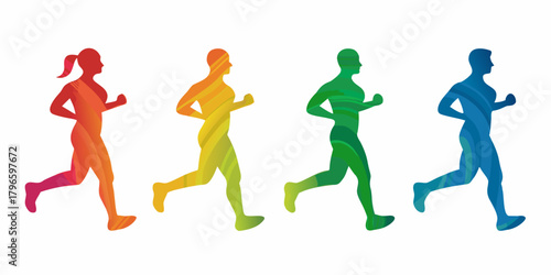 Diverse group of runners in vibrant rainbow gradient silhouettes representing health and fitness