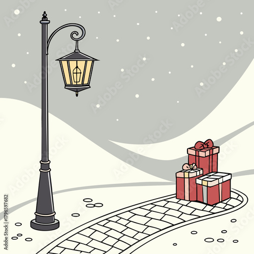 Christmas gifts piled on a snowy path under a lamppost