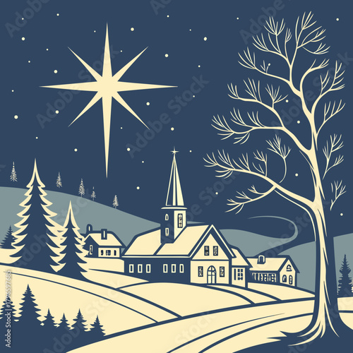 Christmas nativity scene with star over snowy village and church