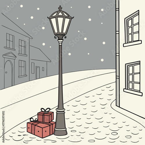 Christmas presents left by a lamppost on a snowy street