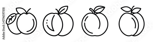 Simple line art of four peaches with leaves and stems ideal for designs