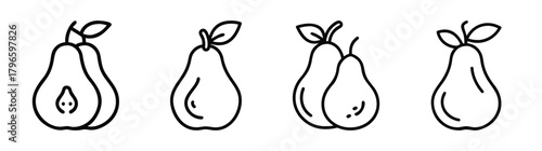 A collection of sketch style pears featuring a half pear and whole pears