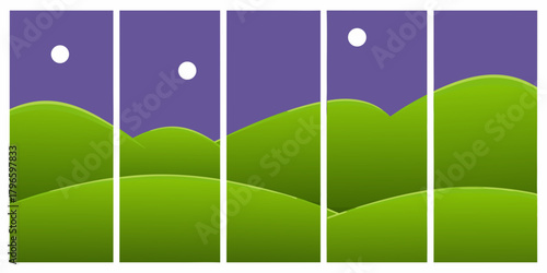 Stylized green rolling hills under a purple sky with a white full moon in a triptych or panorama design