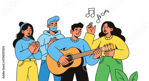 Group Of Friends Performing Together Playing Guitar And Singing Joyfully