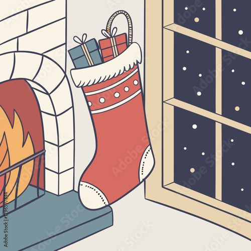Cozy christmas stocking filled with gifts by a warm fireplace and snowy window
