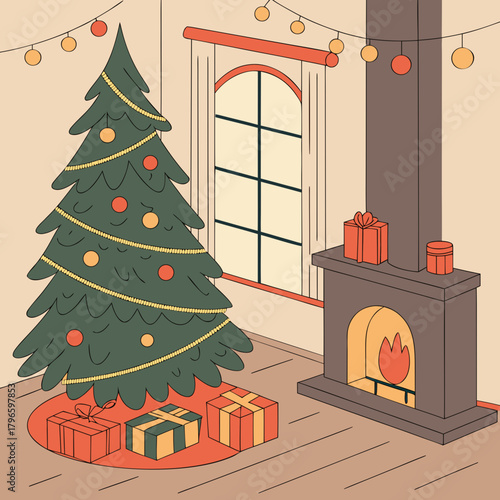 Cozy christmas scene with decorated tree fireplace and presents