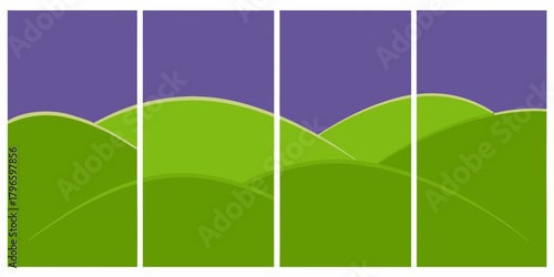 Abstract rolling green hills under a purple sky divided into four vertical panels