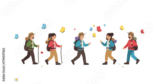 Group Of Hikers Traversing Scenic Trails, Surrounded by Colorful Butterflies, Black Backdrop