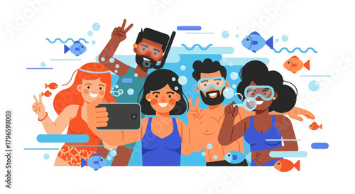 Group Of Friends Taking Selfie While Snorkeling And Exploring Underwater World