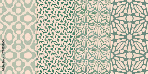 Collection of four seamless retro geometric and floral patterns in muted green and cream colors