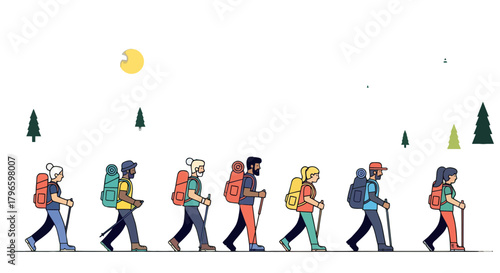 Group Of Hikers Walking Through The Night Under The Moon And Stars' Sky