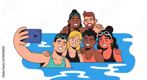Group Of Friends Taking Selfie While Swimming, Happy People Enjoying Summer Vacation