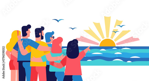 Group Of Friends Witnessing A Scenic Sunset Over The Ocean And Sea Birds Flying