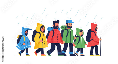 Group Of Hikers Walking Through Winter Rain With Matching Raincoats Together