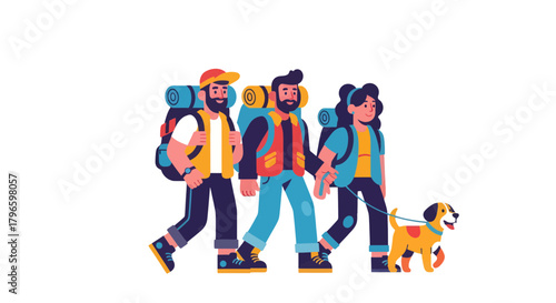 Group Of Hikers Walking Together With Their Pet Dog Along the Road