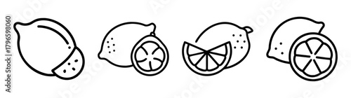 Four line art style lemons whole sliced and wedges simple fruit graphics citrus set