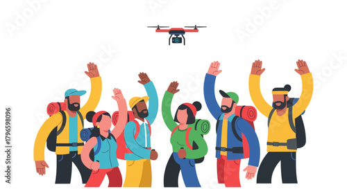 Group Of Hikers Wave To Camera Drone Capturing Their Adventure With Dark Background