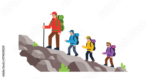 Group Of Hikers Ascend Mountain, Adventure And Teamwork On A Black Background