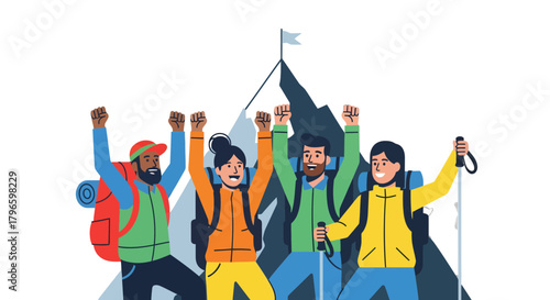 Group Of Hikers Celebrate Achievement At The Mountain Peak, Overjoyed And Happy