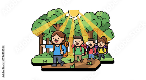 Group of People Adventure Hiking Through Forest at Sunny Day Illustrated Art
