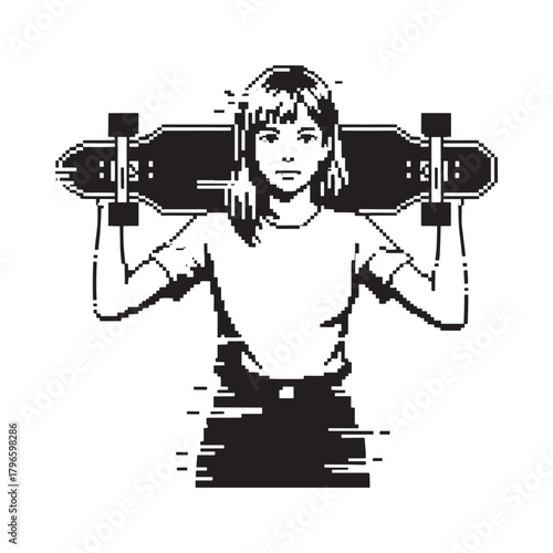 Young woman holding a longboard over her shoulders