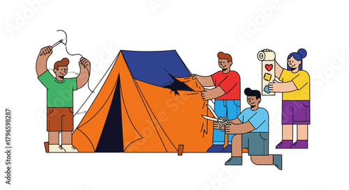 Group Of People Building Tent Together As A Fun Activity Outdoor Camping