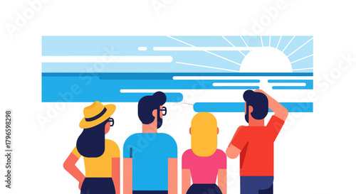 Group Of People Appreciating The Scenic Sun Setting View Over The Ocean Horizon