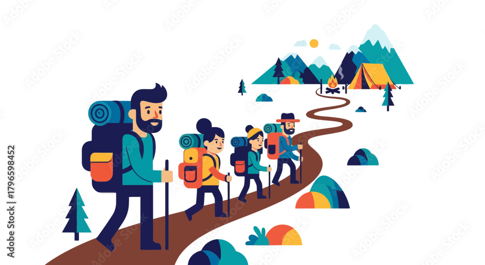 Obraz premium Group Of Hikers Embarking On a Mountain Trail Adventure Under a Night Sky