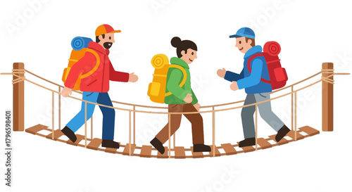 Group Of Hikers Crossing Rope Bridge, Illustrated Adventure Outdoors, Vibrant Colors