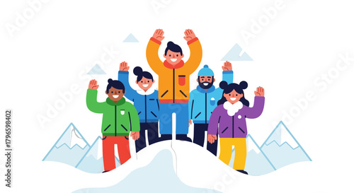 Group Of People Celebrating Victory At The Mountain Summit in Cartoon Style