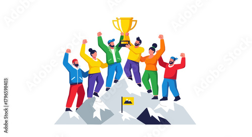 Group Of People Celebrating Victory On Mountain Peak With A Gold Trophy