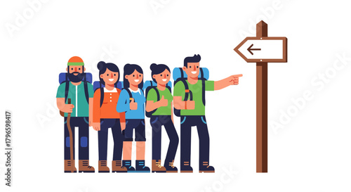 Group Of Hikers Deciding the Route in the Woods Near Directional Signage