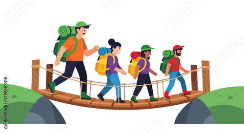 Group Of Hikers Crossing The Bridge To Adventure On A Scenic Vacation Trail