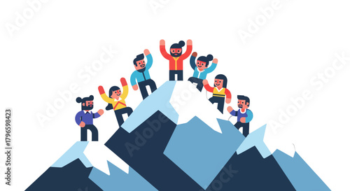Group Of People Celebrating Victory On Mountain Peak Achieving Success Climbing
