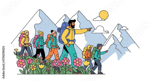 Group Of Hikers Embark On An Adventure Through Majestic Mountainous Landscapes